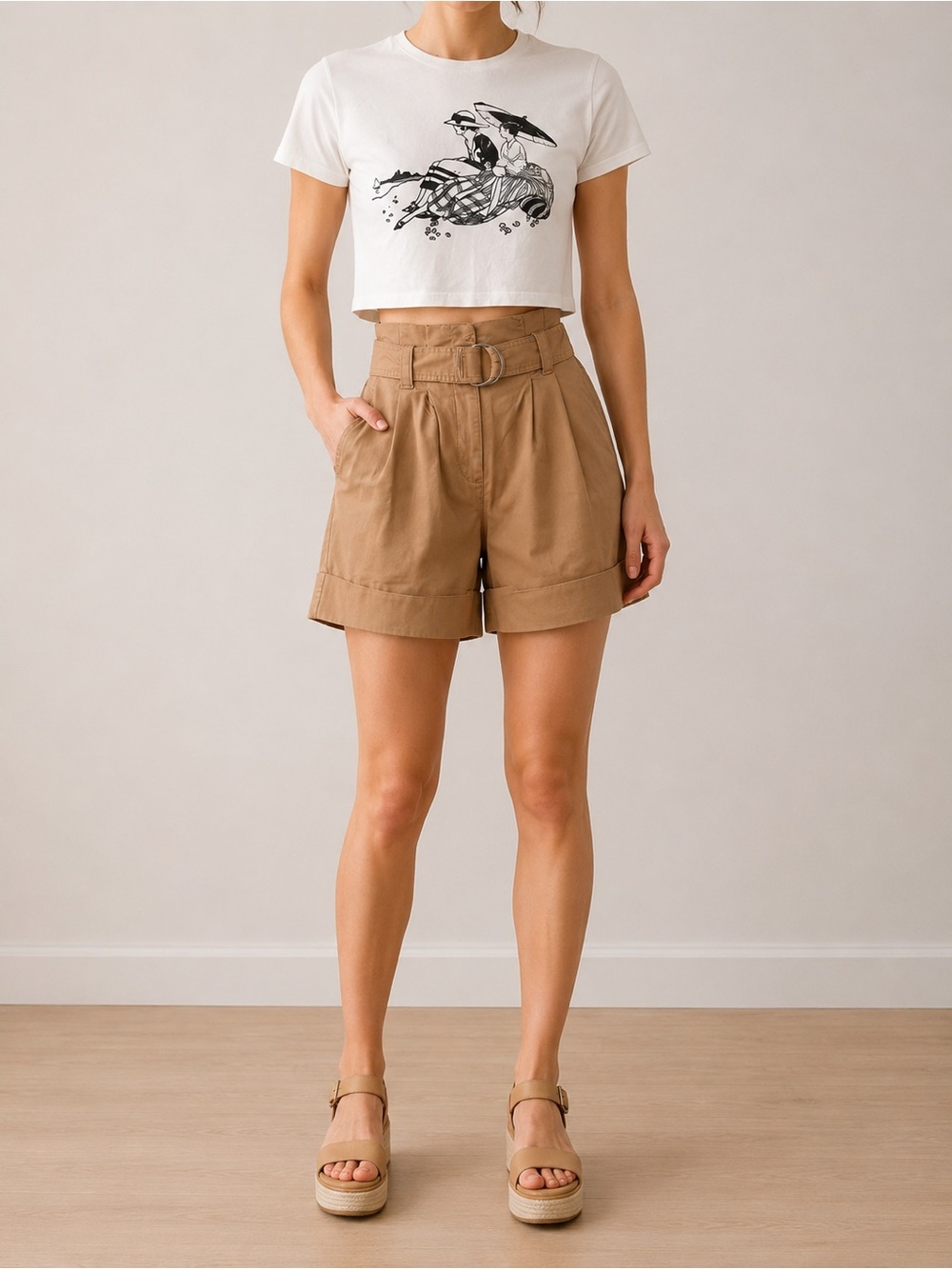 A New Day Tan High-Waist Paperbag Belted Shorts